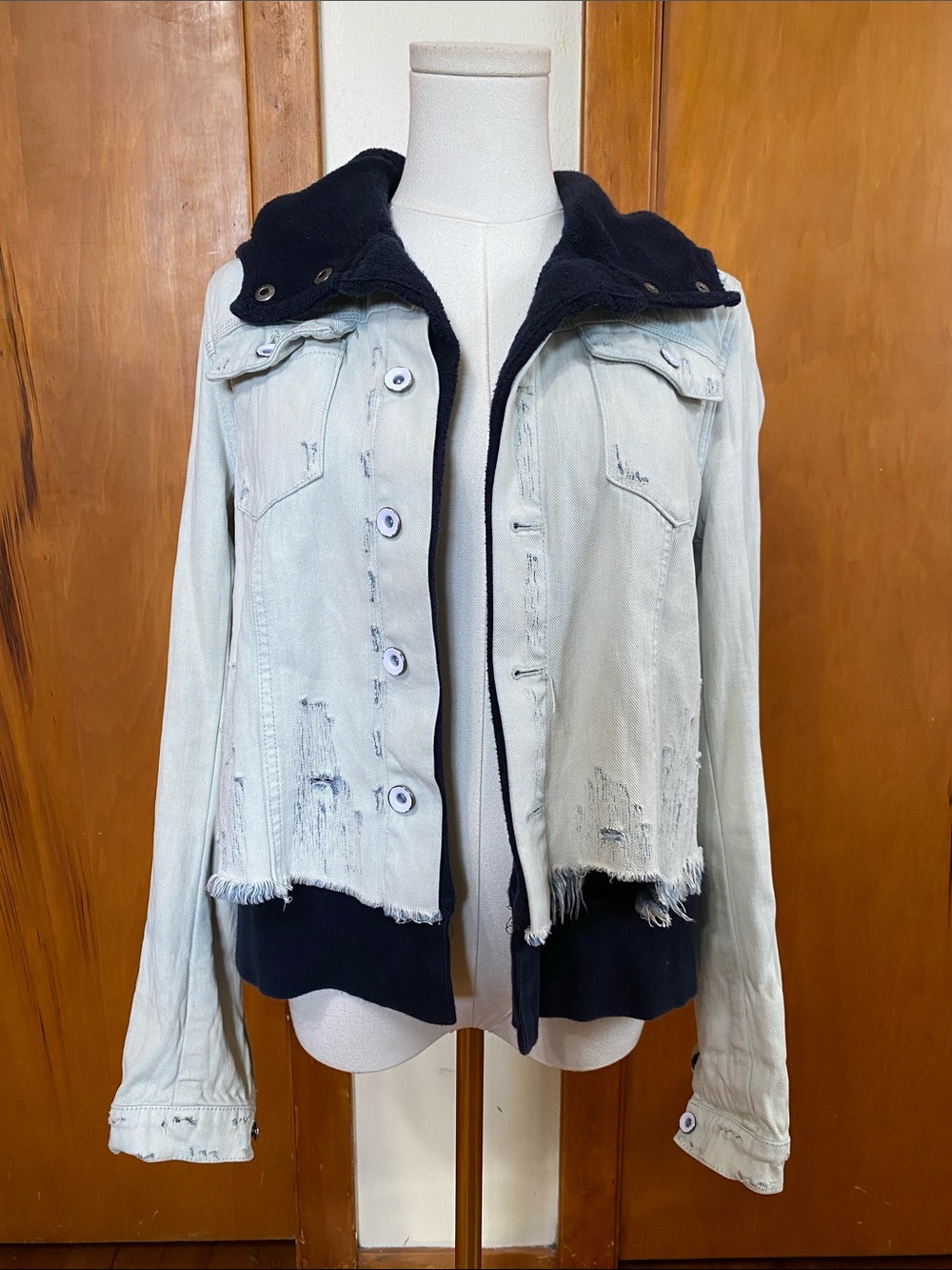 Free People Light Wash Denim Jacket Navy Blue Hoodie Combo Grunge Streetwear